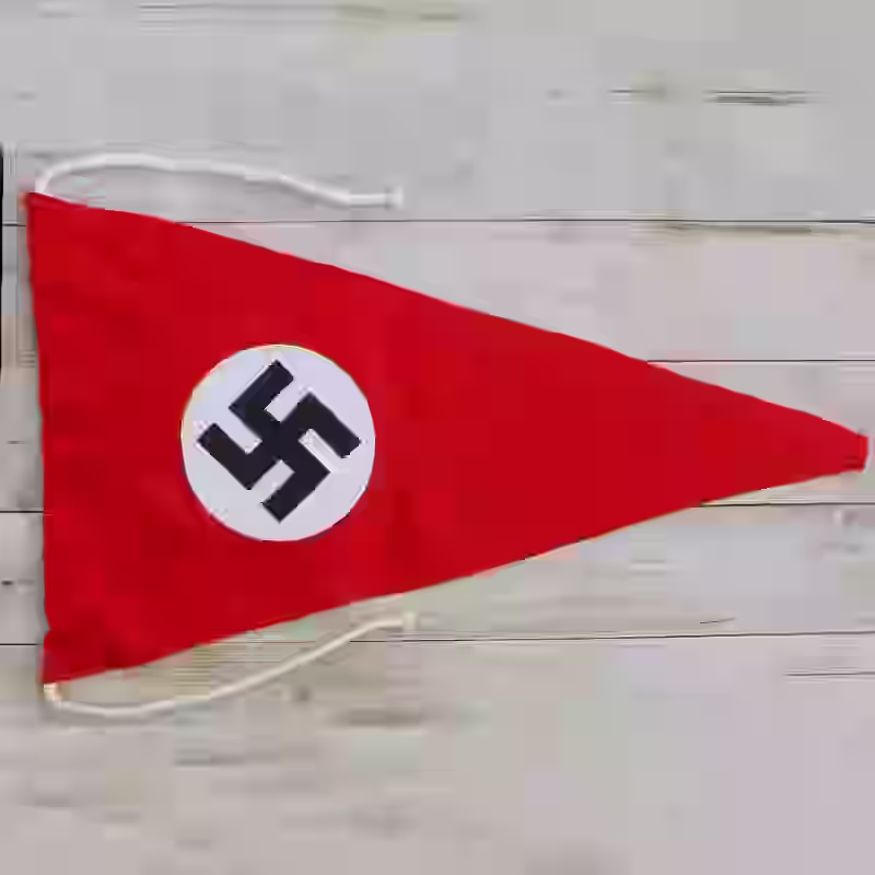 NSDAP Flag Pennant (30x19cm) - WWII-era NSDAP pennant with swastika embroidered on red wool background.