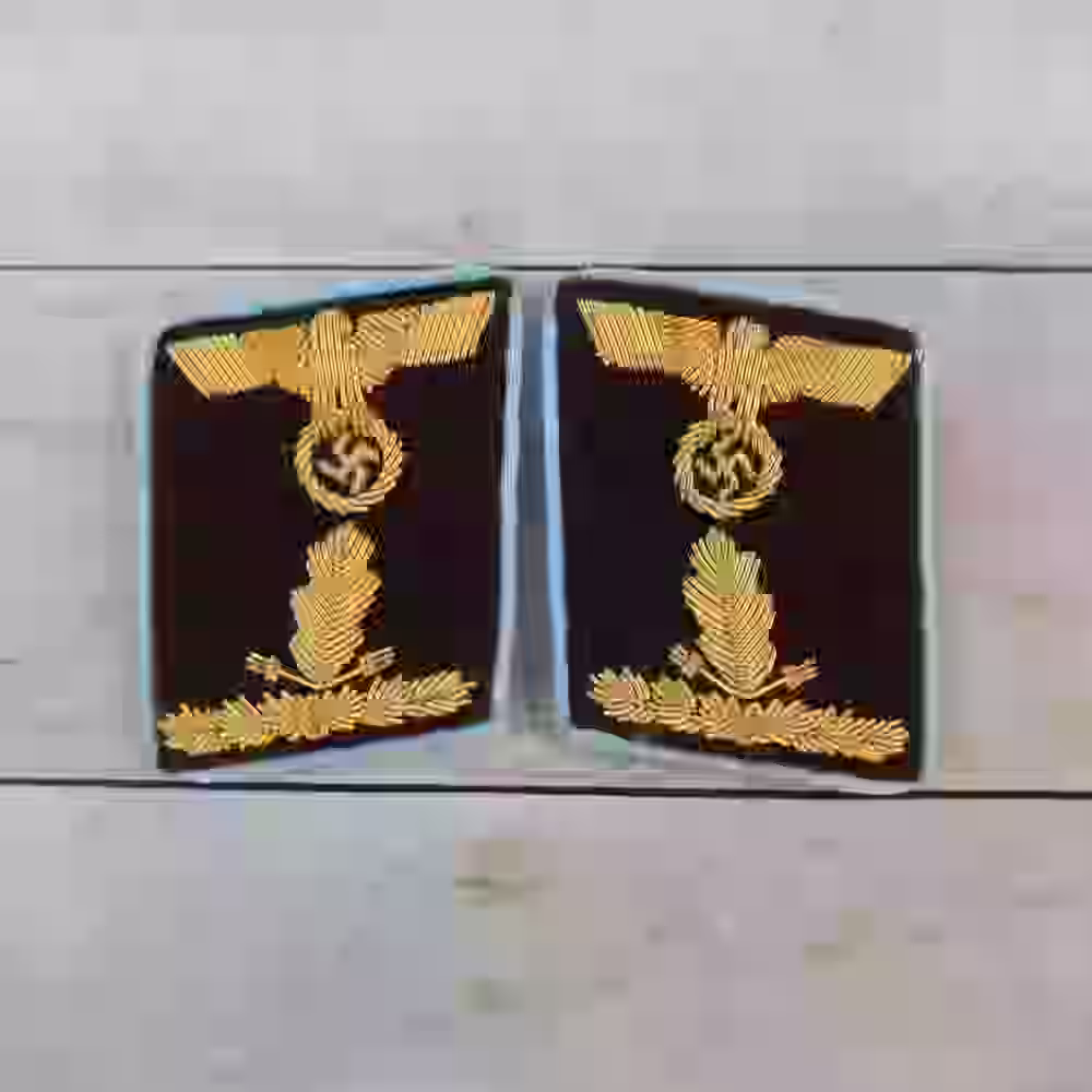 NSDAP Oberabschnittsleiter Senior Section Leader's Collar Tabs - Hand-embroidered NSDAP Oberabschnittsleiter collar tabs with gold thread and sky-blue border on dark maroon wool.